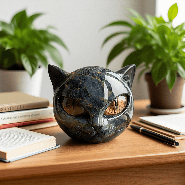 Lunaris - Escultura de Cabeza de Gato Negro Místico