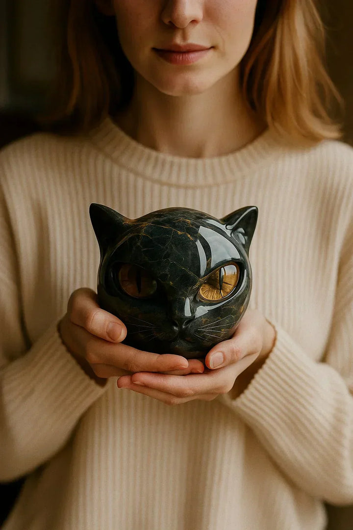 Lunaris - Escultura de Cabeza de Gato Negro Místico